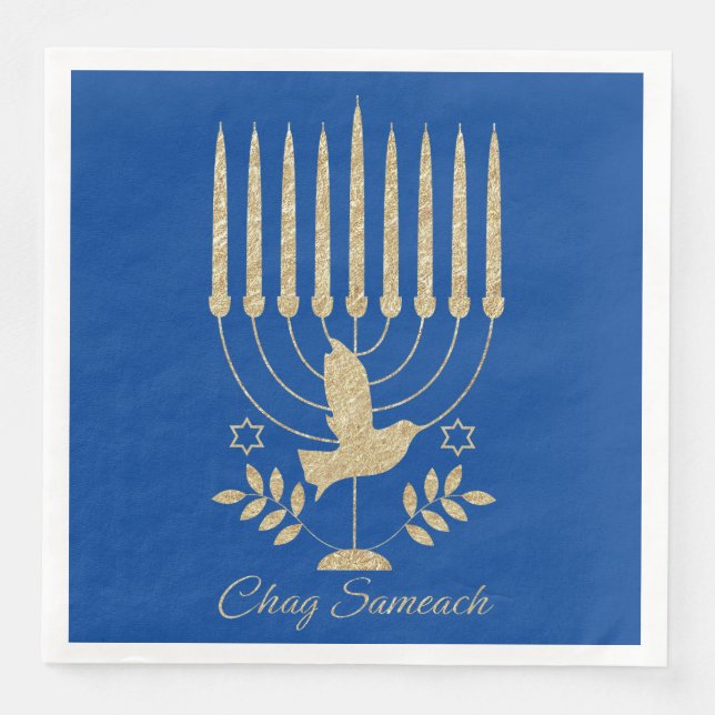 Elegant Gold Flying Dove Menorah Blue Hanukkah Napkin (Front)