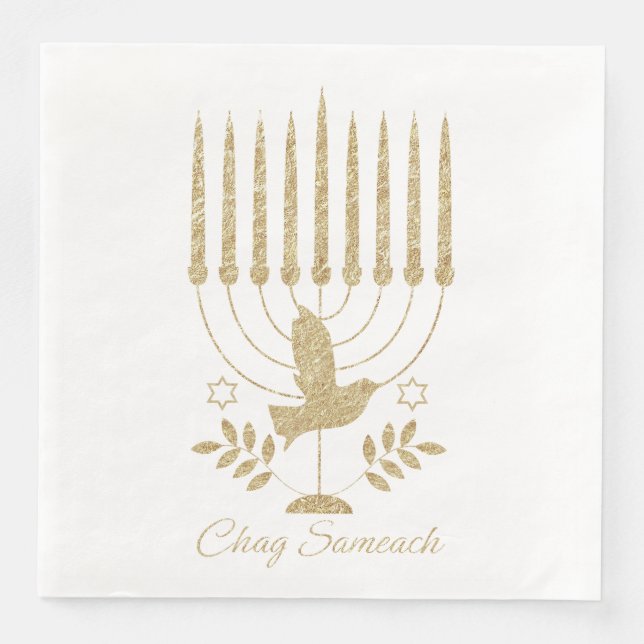 Elegant Gold Flying Dove Menorah Hanukkah Napkin (Front)