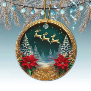 Elegant Gold Flying Reindeer, Poinsettias, Deer 🦌 Ceramic Ornament
