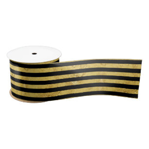 Elegant Gold Foil and Black Stripe Pattern Satin Ribbon
