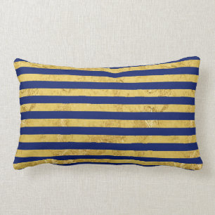 Elegant Gold Foil and Blue Stripe Pattern Lumbar Cushion