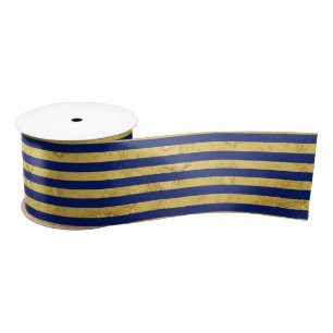 Elegant Gold Foil and Blue Stripe Pattern Satin Ribbon