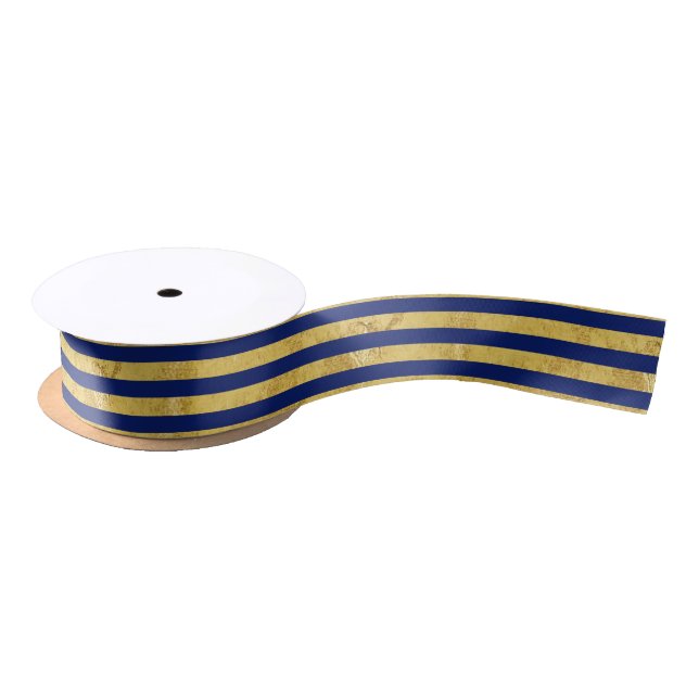 Elegant Gold Foil and Blue Stripe Pattern Satin Ribbon (Spool)