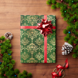 Elegant gold foil and green vintage damask pattern wrapping paper