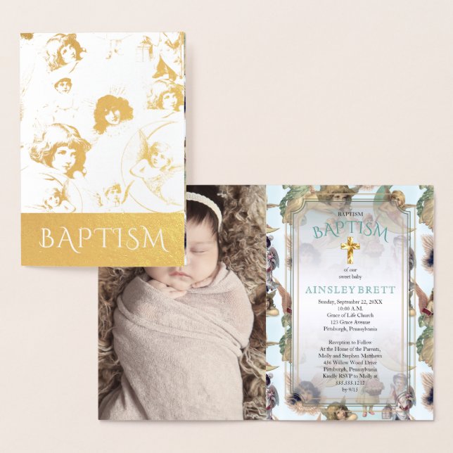 Elegant Gold Foil Angels Baby Girl Photo Baptism Foil Card (Display)