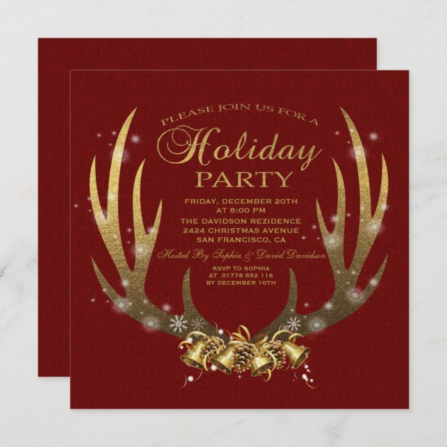 Elegant Gold Foil Antlers Holiday Party Invitation (Front/Back)