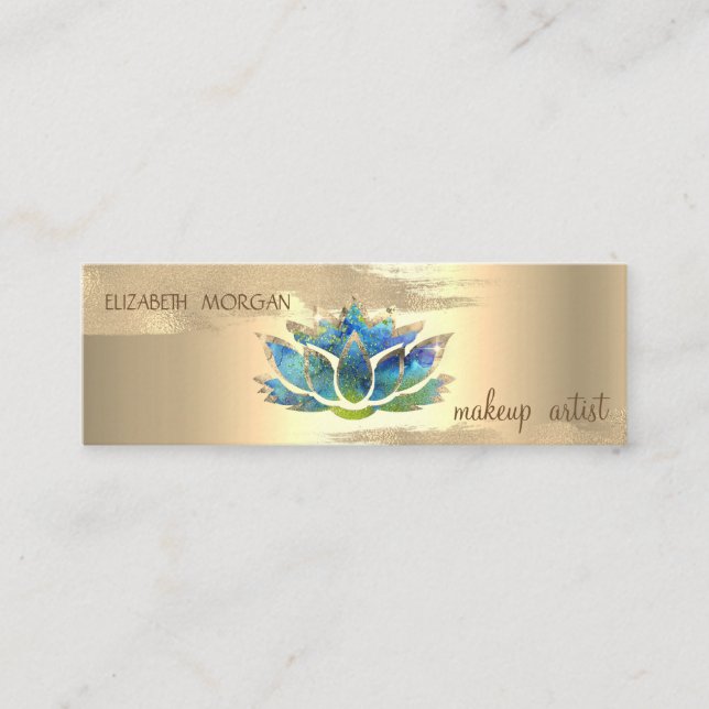 Elegant Gold Foil Brush Stroke,Blue Lotus  Mini Business Card (Front)