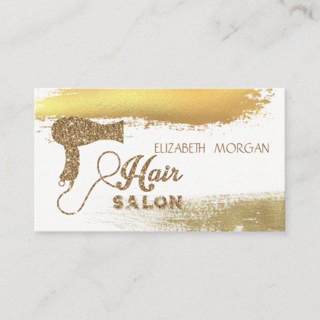 Elegant Gold Foil Brush Stroke,Glitter Hairdryer Business Card (Front)