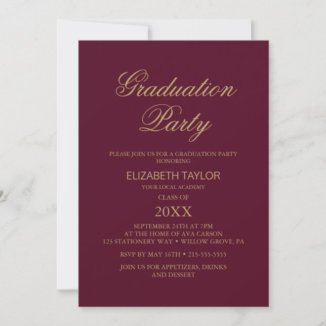Elegant Gold Foil | Burgundy Graduation Party  Invitation (Front)