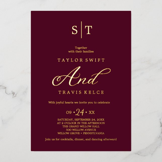 Elegant Gold Foil | Burgundy Monogram Wedding  (Front)