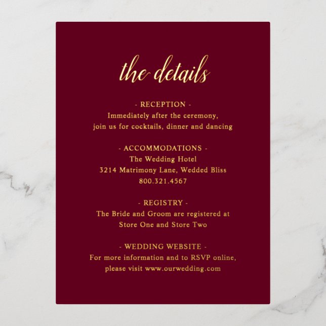 Elegant Gold Foil Burgundy Wedding Enclosure Card (Front)