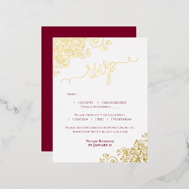 Elegant Gold Foil Burgundy Wedding RSVP Card (Front/Back)