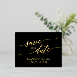 Elegant Gold Foil Calligraphy Black Save the Date Invitation Postcard