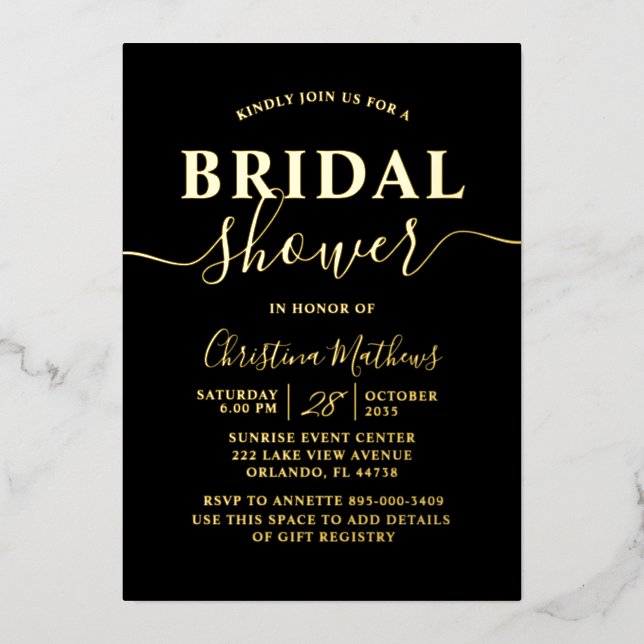 Elegant Gold Foil Calligraphy Bridal Shower (Front)