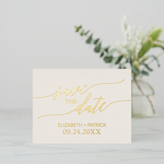 Elegant Gold Foil Calligraphy Ivory Save the Date Foil Invitation Postcard (Standing Front)