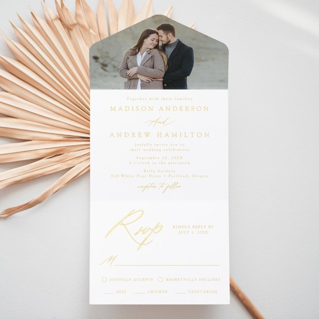 Elegant Gold Foil Calligraphy Photo Wedding All In One Invitation (Creator Uploaded)