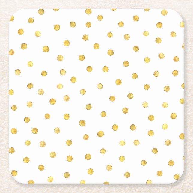 Elegant Gold Foil Confetti Dots Square Paper Coaster (Front)