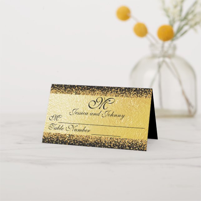 Elegant Gold Foil Confetti on Black Place Card (Front)
