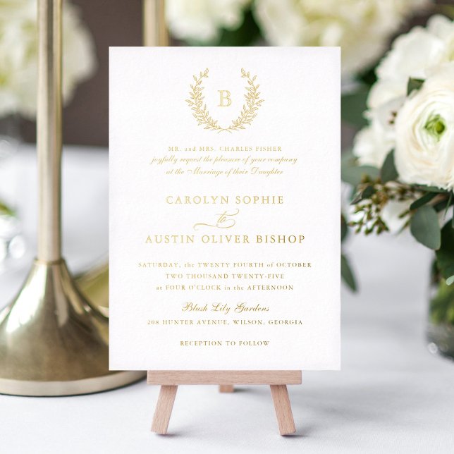 Elegant Gold Foil Crest Leaf Monogram Wedding (Creator Uploaded)