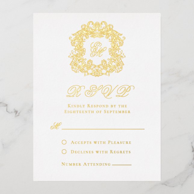 Elegant Gold Foil Crest Monogram Wedding RSVP Card (Front)