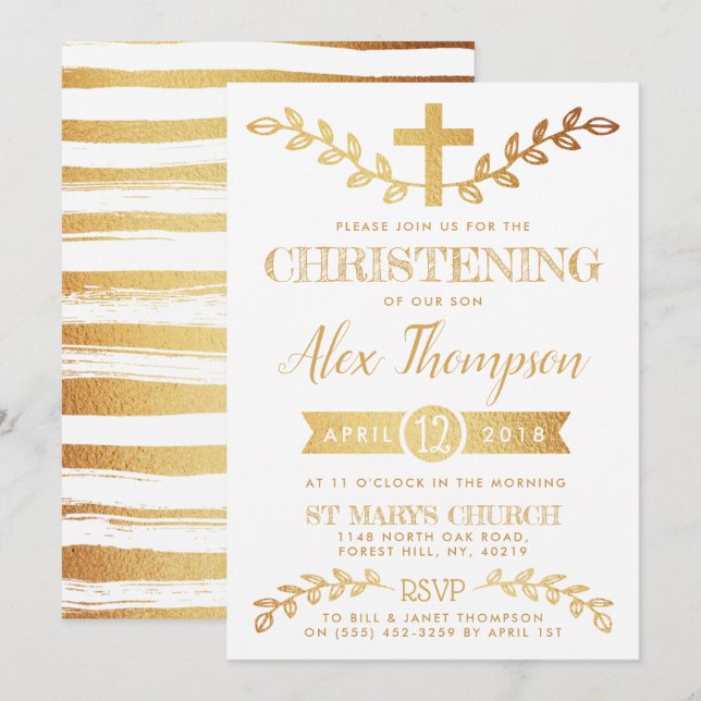Elegant Gold Foil Cross & Foliage Christening Invitation (Front/Back)
