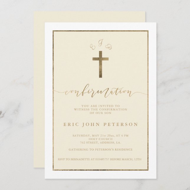 Elegant gold foil cross monogram confirmation invitation (Front/Back)