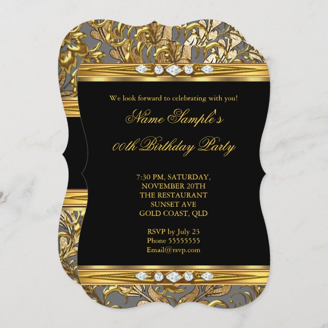 Elegant Gold Foil Damask Black Diamond Birthday 2 Invitation (Front/Back)