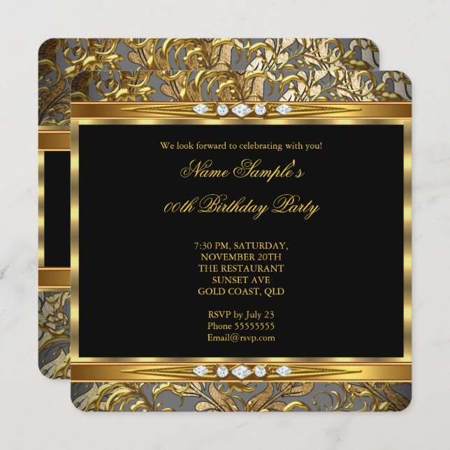 Elegant Gold Foil Damask Black Diamond Birthday 2 Invitation (Front/Back)