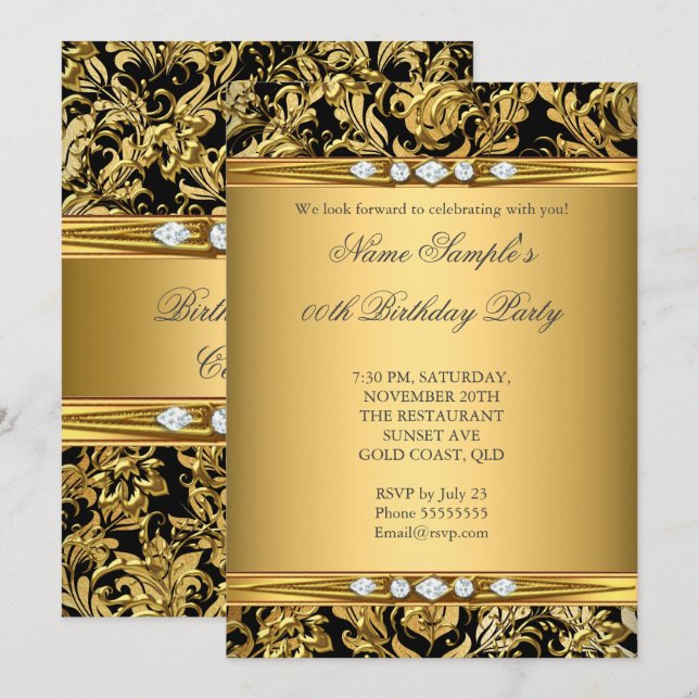 Elegant Gold Foil Damask Black Diamond Birthday Invitation (Front/Back)