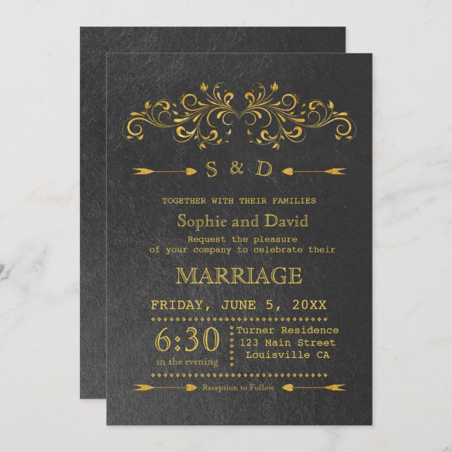 Elegant Gold Foil Flourish Black Wedding Invite (Front/Back)