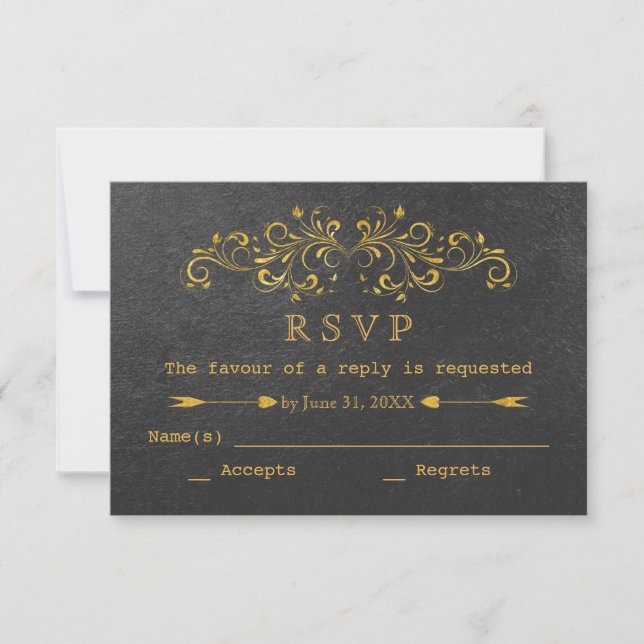 Elegant Gold Foil Flourish Black Wedding RSVP Card (Front)