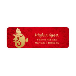 Elegant Gold Foil Ganapati Indian God Red Damask Return Address Label