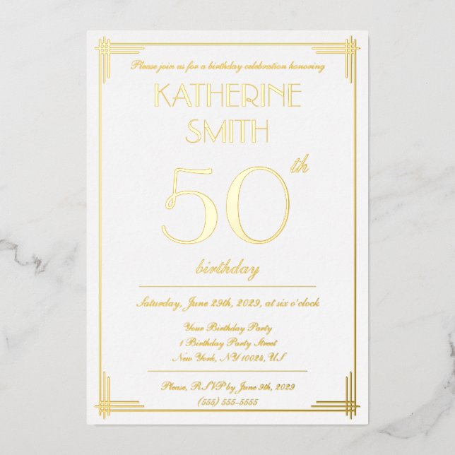 Elegant Gold Foil Gatsby Birthday Party Invites (Front)
