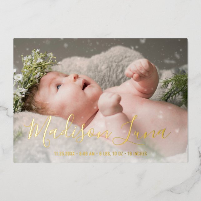 Elegant Gold Foil Girl Photo Birth Announcement (Front)