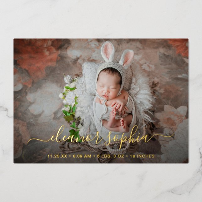 Elegant Gold Foil Girl Photo Birth Announcement (Front)