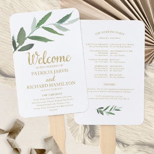 Elegant Gold Foil Greenery Wedding Programs Hand Fan