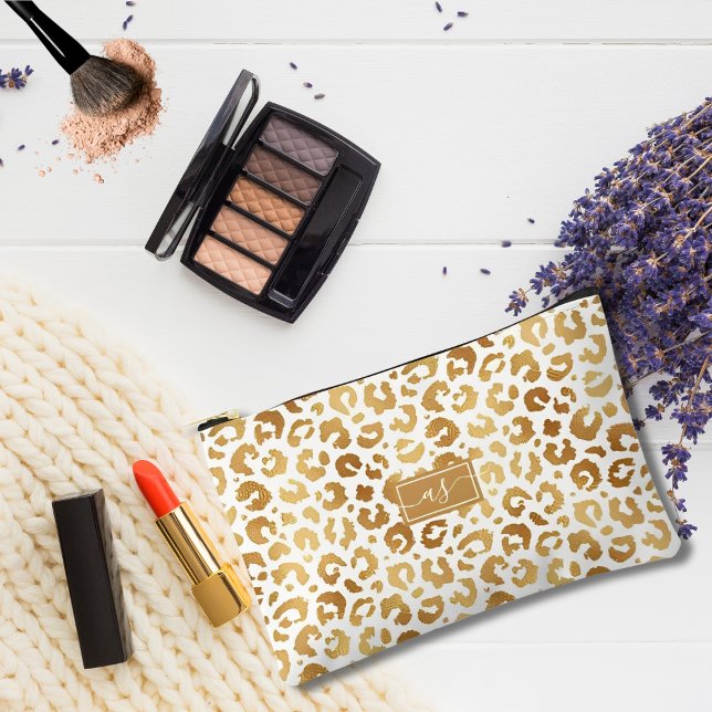 Elegant Gold Foil Leopard Print White Monogrammed Accessory Pouch (Creator Uploaded)
