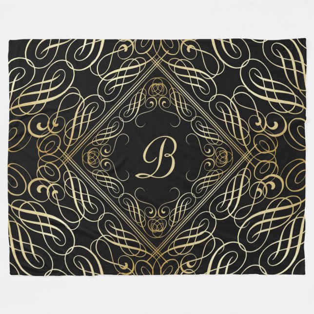 Elegant Gold Foil Look Scrollwork Script on Black Fleece Blanket (Front (Horizontal))