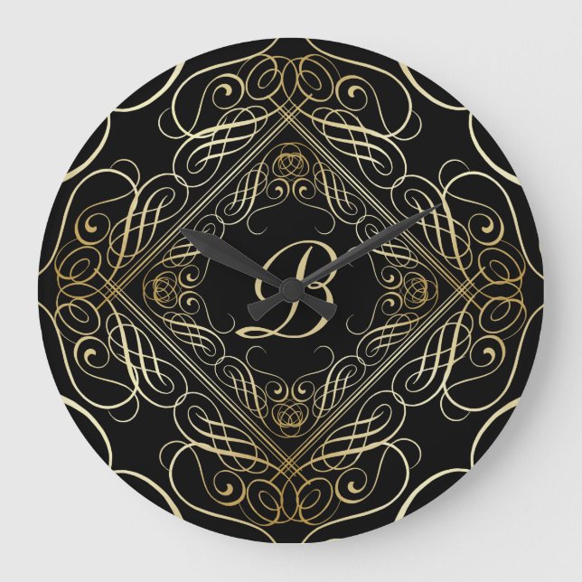 Elegant Gold Foil Look Scrollwork Script on Black Large Clock (Front)