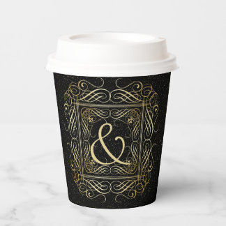 Elegant Gold Foil Look Scrollwork Script on Black Paper Cups