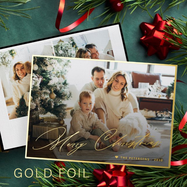 Elegant gold foil Merry Christmas script 3 photo Foil Holiday Card (Creator Uploaded)
