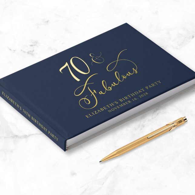 Elegant Gold Foil Navy Blue 70th Birthday Party Guest Book (Creator Uploaded)