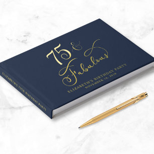 Elegant Gold Foil Navy Blue 75th Birthday Party Guest Book