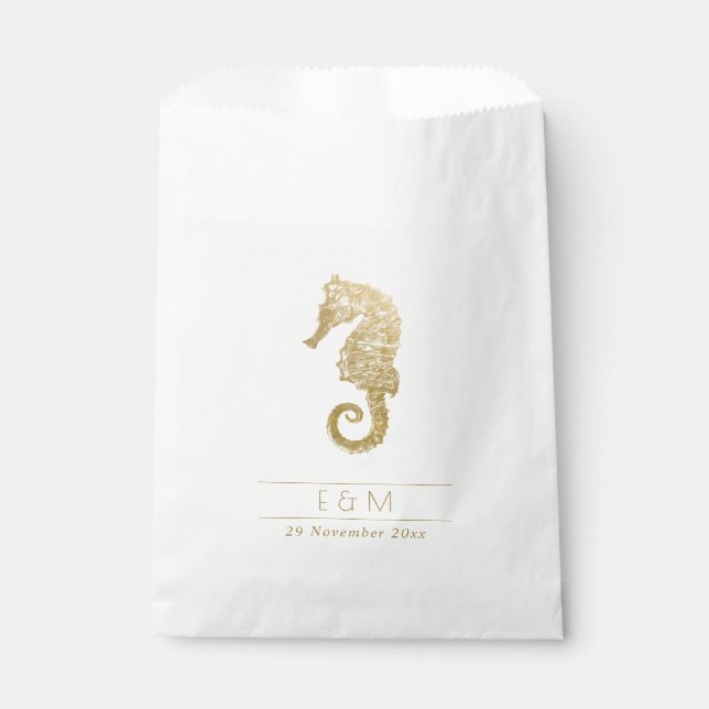 ELEGANT GOLD FOIL NAVY SEAHORSE MONOGRAM WEDDING  FAVOUR BAG (Front)