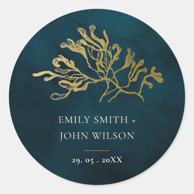 ELEGANT GOLD FOIL NAVY UNDERWATER SEAWEED WEDDING  CLASSIC ROUND STICKER (Front)