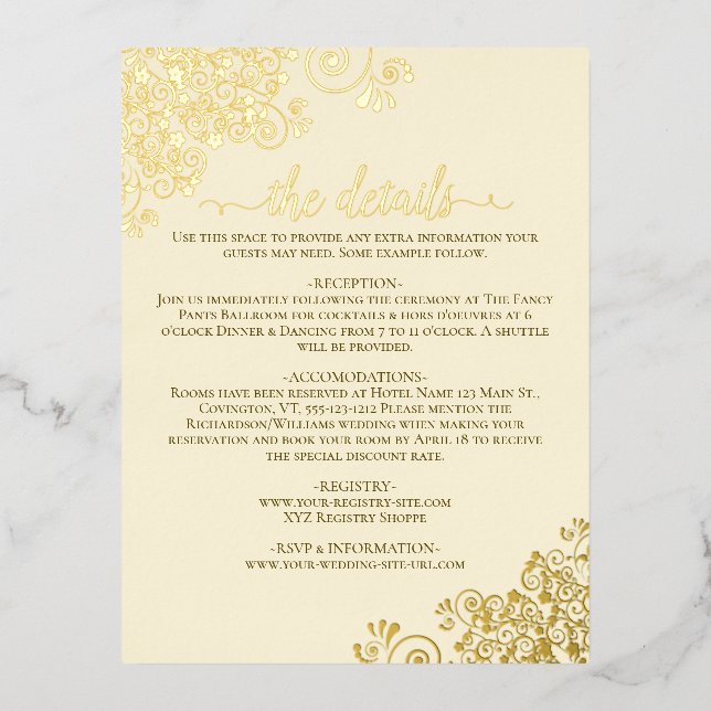 Elegant Gold Foil on Cream Wedding Details Card (Front)