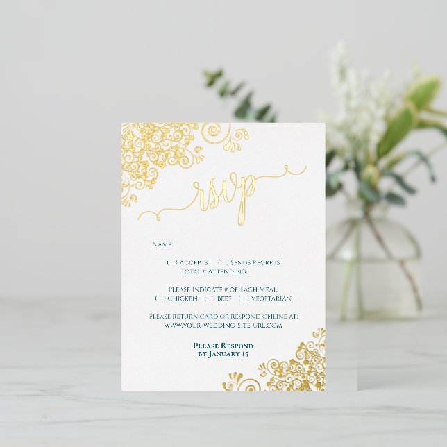 Elegant Gold Foil on Dark Teal Wedding RSVP Card (Standing Front)
