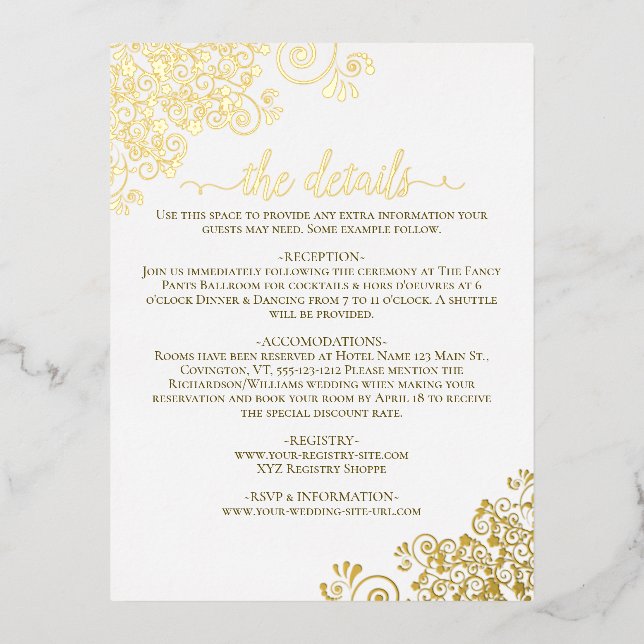 Elegant Gold Foil on White Wedding Details Card (Front)