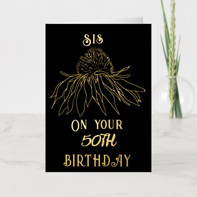 Elegant Gold Foil One Flower 50th Sister Birthday Foil Greeting Card (Front)