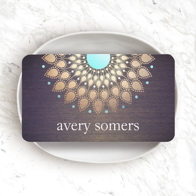 Elegant Gold Foil Ornate Leaf Mandala Wood Look Business Card (Creator Uploaded)